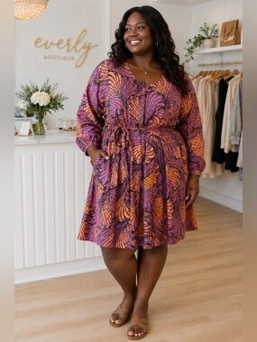 Ray Darten African Print Dress Purple & Orange Long Sleeve Drawstring Dress 4X
